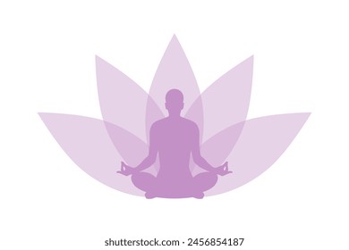 Yoga logo graphic badge. Women silhouette over abstract lotus flower sign isolated on white background. Vector illustration