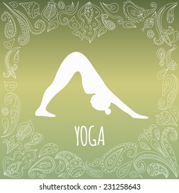 Yoga logo with heart frame and girl practicing Downward-Facing Dog (Adho Mukha Svanasana). White silhouette and beautiful green gradient background. Paisley ornament.