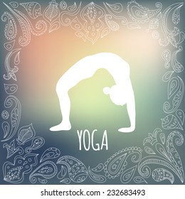 Yoga logo with heart frame and girl practicing Wheel Pose (Urdhva Dhanurasana). White silhouette and beautiful green gradient background. Paisley ornament.