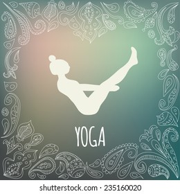 Yoga logo with heart frame and girl practicing Boatl Pose (Navasana). White silhouette and beautiful green gradient background. Paisley ornament.