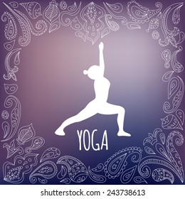Yoga logo with heart frame and girl practicing  Warrior I Pose (Virabhadrasana I). White silhouette and beautiful purple gradient background. Paisley ornament.