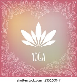 Yoga logo with heart frame and white lotus silhouette. Beautiful pink gradient background. Paisley ornament.