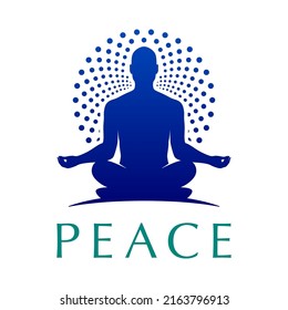 Yoga logo of a human in a lotus pose with a round ornamental halo. Meditating guru man vector logotype.