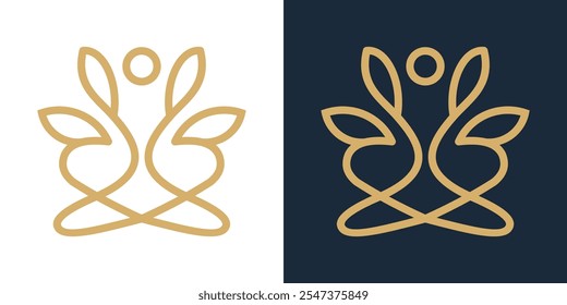 Yoga logo, leaves, love and meditation. Vector minimalist illustration