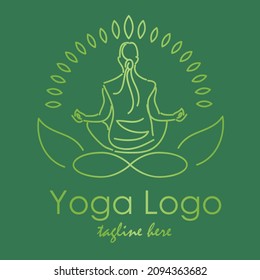 Yoga logo line art abstract design vector illustration with dummy text. Health and spa service icon or logo.