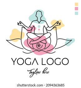 Yoga logo line art abstract design vector illustration with dummy text. Health and spa service icon or logo.