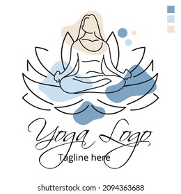 Yoga logo line art abstract design vector illustration with dummy text. Health and spa service icon or logo.