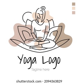 Yoga logo line art abstract design vector illustration with dummy text. Health and spa service icon or logo.