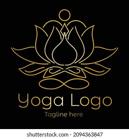 Yoga logo line art abstract design vector illustration with dummy text. Health and spa service icon or logo.