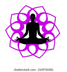 Logo del yoga. Posición Lotus. Ilustración vectorial. Silueta humana con flor de loto