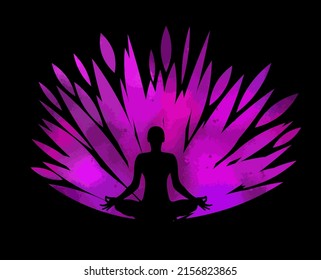 Logo del yoga. Posición Lotus. Ilustración vectorial. Silueta humana con flor de loto