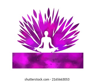 Yoga logo. Lotus position. Vector illustration. Human silhouette with lotus flower