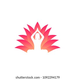 yoga logo, meditating girl and lotus flower
