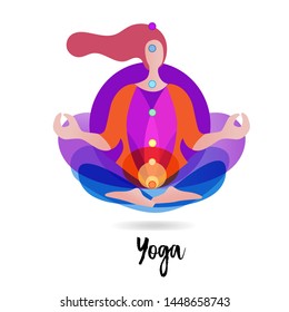 Yoga logo. Meditating woman in lotus pose. Yoga logo illustration. Colorful 7 chakras and aura glow. Mandala background.