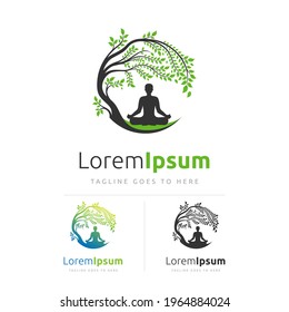 Logotipo de yoga, logotipo de meditación, vector del logotipo de yoga, logotipo de meditación Vector, icono de fitness, meditación de hombre en el lugar natural.