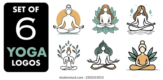 Yoga Logo Set, 6 Unique Designs - Flat Vector Illustration