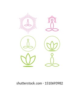 Yoga Logo set abstract Man or woman  sitting Lotus pose meditations design vector template Linear style. SPA Beauty Healthcare Zen Harmony Logotype concept icon monoline