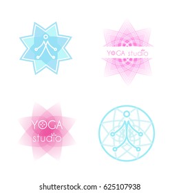 Yoga logo set. Stock vector illustration of lotus shapes for wellness studio or product emblem.