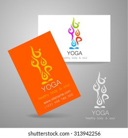 Yoga logo - sign design and business cards. Template for yoga studios, classes, schools, the center of Ayurveda, health, oriental spa center and others.