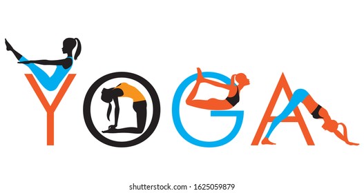 yoga logo with silhouettes of the women doing yoga exercises. Suitable for banner, poster, cover, logo design.