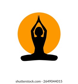 Yoga logo with sun background. yoga silhouette illustration. yoga logo on yellow circle background. yoga icon vector.