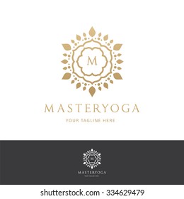 Yoga Logo Template With Gold lotus and M letter 