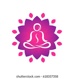 yoga logo template, man meditating in lotus position, abstract flower shape