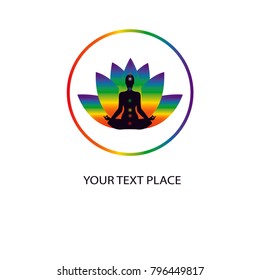 Yoga logo template. Vector emblem with woman silhouette with chakra place and colorful lotus flower isolated on white background. Space for text. Editable. Yoga concept.