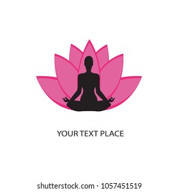 Yoga logo template. Vector with woman silhouette and pink lotus flower isolated on white background. Space for text. Editable. Yoga concept.