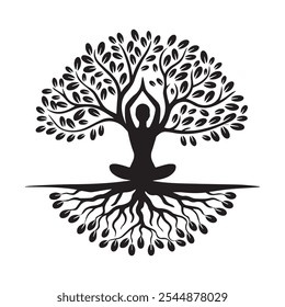 Yoga logo tree silhouette vector illustration 