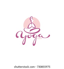 Yoga Logo, Vector Woman Doing Yoga Practice  With Lettering Composition