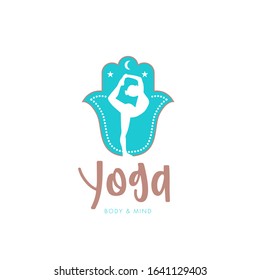 Yoga logo/icon, woman doing yoga pose in Hamsa hand