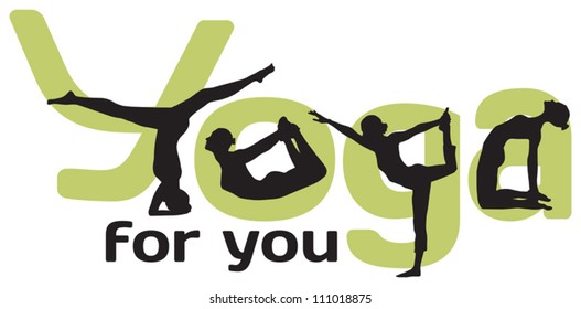 Yoga logotype with silhouettes of positions and green letters on the white background
