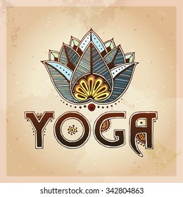 Yoga and lotos card. Indian ethnic henna tattoo style. Orient traditional background design, real henna effect. Hand drawn doodle, vector illustration.