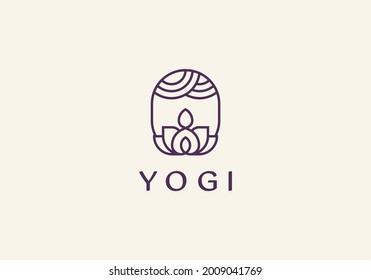 Yoga with lotus flower logo. Wellness health spa line icon. Meditation symbol. Zen harmony balance sign. Vector illustration.
