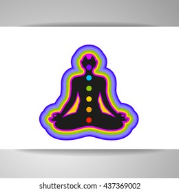 Yoga Lotus. Human silhouette meditating with chakras and aura. Yoga logo - design template. Concept for Yoga studio, Ayurveda center, Spa, Meditation club. Vector graphic illustration.