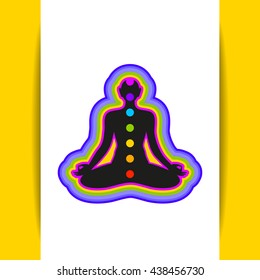 Yoga Lotus. Human silhouette meditating with chakras and aura. Yoga logo - design template. Concept for Yoga studio, Ayurveda center, Spa, Meditation club. Vector graphic illustration.