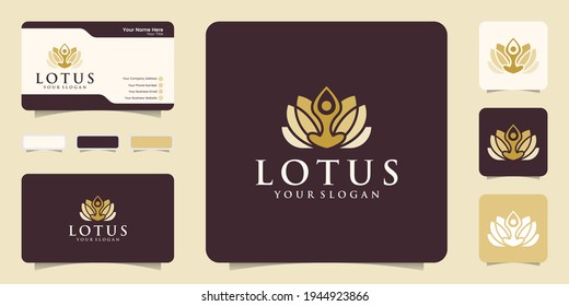 logo del loto de yoga. Plantillas de diseño de moda y belleza de estilo lineal y tarjetas de visita
