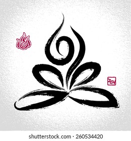 Yoga lotus pose and fire element symbol with oriental brushwork style