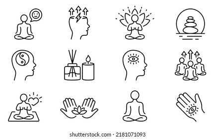 Yoga in Lotus Pose Harmony Line Icon Set. Spiritual Energy Linear Pictogram. Meditation Relax Balance Aromatherapy Outline Icon. Khamsa Zen Brain. Editable Stroke. Isolated Vector Illustration.