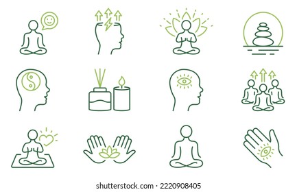 Yoga en Lotus Pose Harmony Line Icon Set. Pictograma lineal de energía espiritual. Meditación Relax Balance Aromaterapia Contorno Icono de color. Khamsa Zen Brain. Stroke editable. Ilustración de vectores aislados.