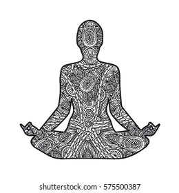 Yoga - Lotus pose. Man in meditation. Black and white doodle ornament.