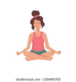 Yoga lotus pose meditating woman. Young female sitting with crossed legs. Calm and peaceful face. Balance and meditation. Beautiful girl character isolated vector illustration. Flat doodle drawing.