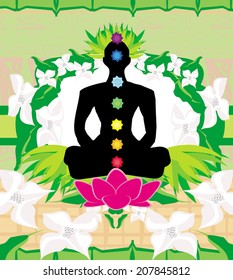 Yoga lotus pose. Padmasana with chakra points. 