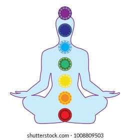 Yoga lotus pose. Padmasana with colored chakra points.