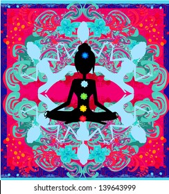 Yoga lotus pose. Padmasana with colored chakra points.
