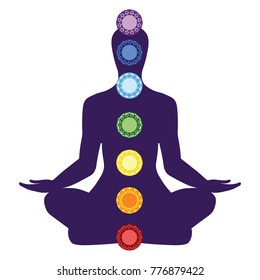 Yoga lotus pose. Padmasana with colored chakra points.