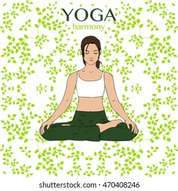Yoga Lotus Pose. Vector Illustration Yoga Harmony with leaves background.