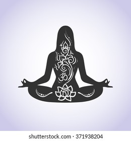 Yoga lotus position meditation mindfulness zen. Vector Linear girl in a circular floral ornament mehendi vintage style India Boho Arabic. For logo yoga studio, postcards, web templates stock vector