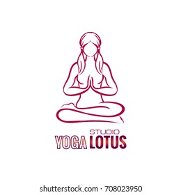 Yoga lotus position namaste mudra asana meditation, mindfulness, zen, pilates poses simvols. Vector Linear girl Vintage style India. For the logo yoga studio, postcards, web templates